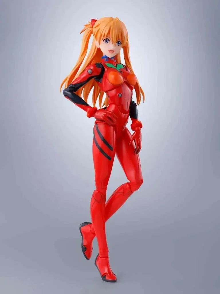 Figurine Asuka Langley Evangelion S.H.Figuarts de 14 cm, figurine Bandai Tamashii Nation, pose dynamique et détails précis.