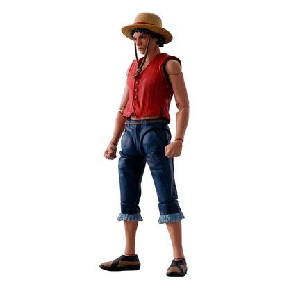 Figurine Monkey D. Luffy de ONE PIECE NETFLIX, Bandai S.H. Figuarts, 14 cm, vue de face avec détails colorés