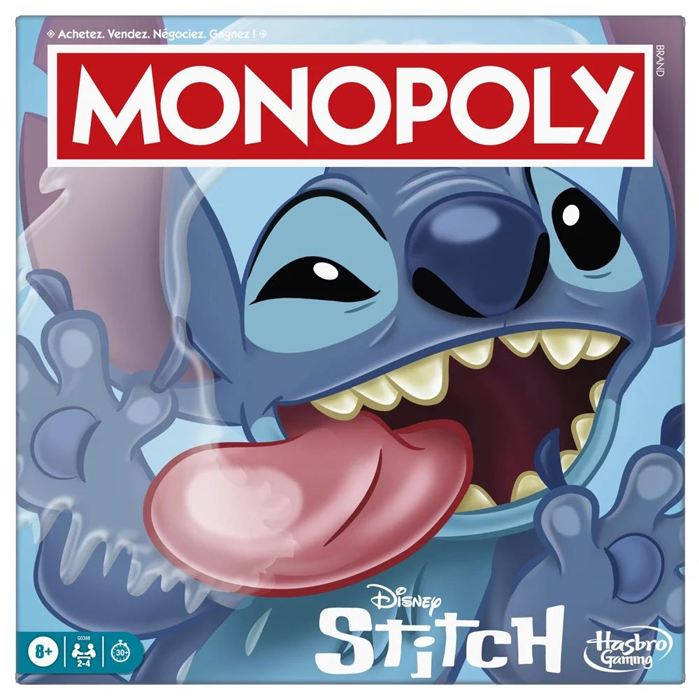Jeu de société Monopoly Stitch de Hasbro avec plateau coloré et pièces de jeu sur la boîte.