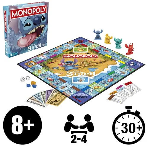 Jeu de société Monopoly Stitch de Hasbro avec plateau coloré et figurines de Disney Stitch, pour toute la famille.