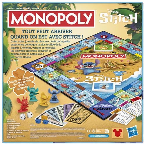 Jeu de société Monopoly Stitch de Hasbro avec plateau, pions et cartes visibles dans l'image.