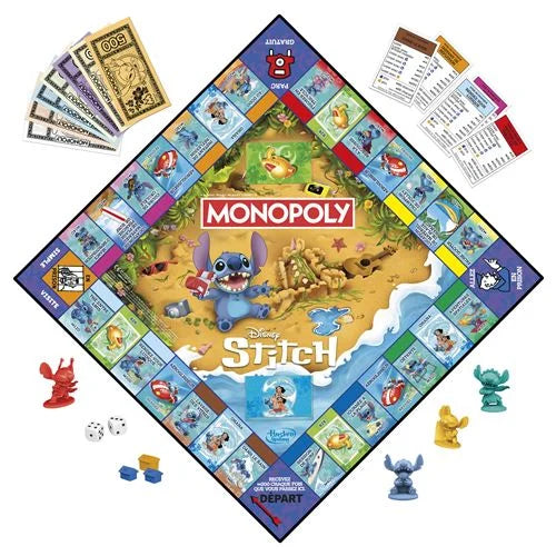 Jeu de société Monopoly Stitch de Hasbro, boîte colorée avec illustration de Stitch et pièces de jeu visibles.