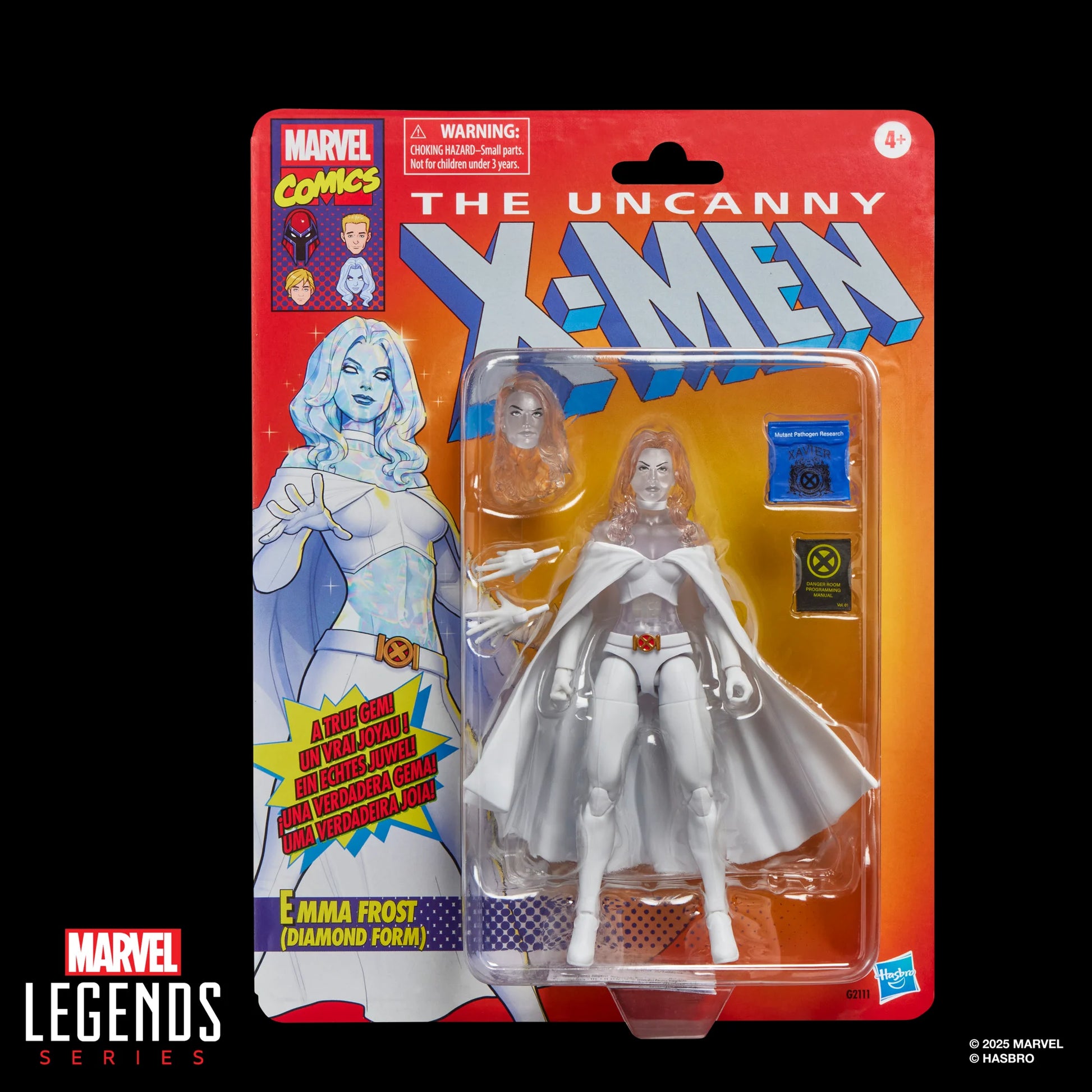 Figurine Emma Frost Marvel en forme de diamant, série Legends de 15cm, figurine Hasbro avec détails en cristaux.
