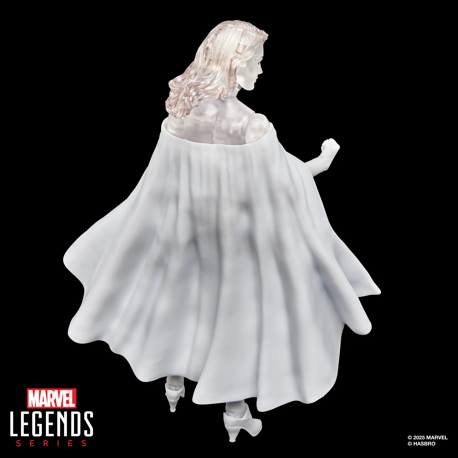 Figurine Emma Frost Marvel Legends en forme de diamant, 15 cm, de la série Hasbro, montrant la super-héroïne avec détails lumineux