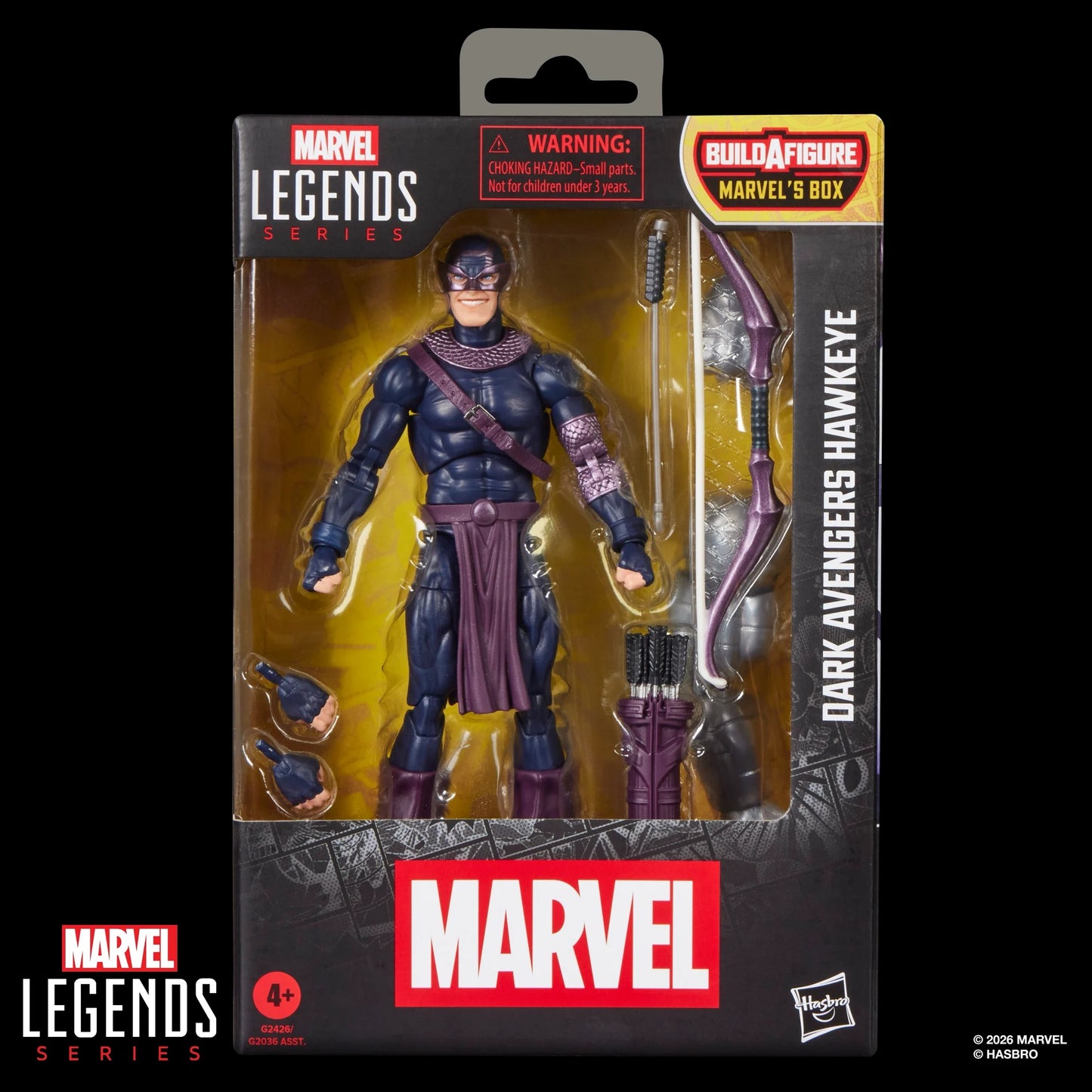 Figurine Marvel Legends Dark Avengers Hawkeye (Bullseye) de 15 cm, personnage de la série Marvel, fabriquée par Hasbro.