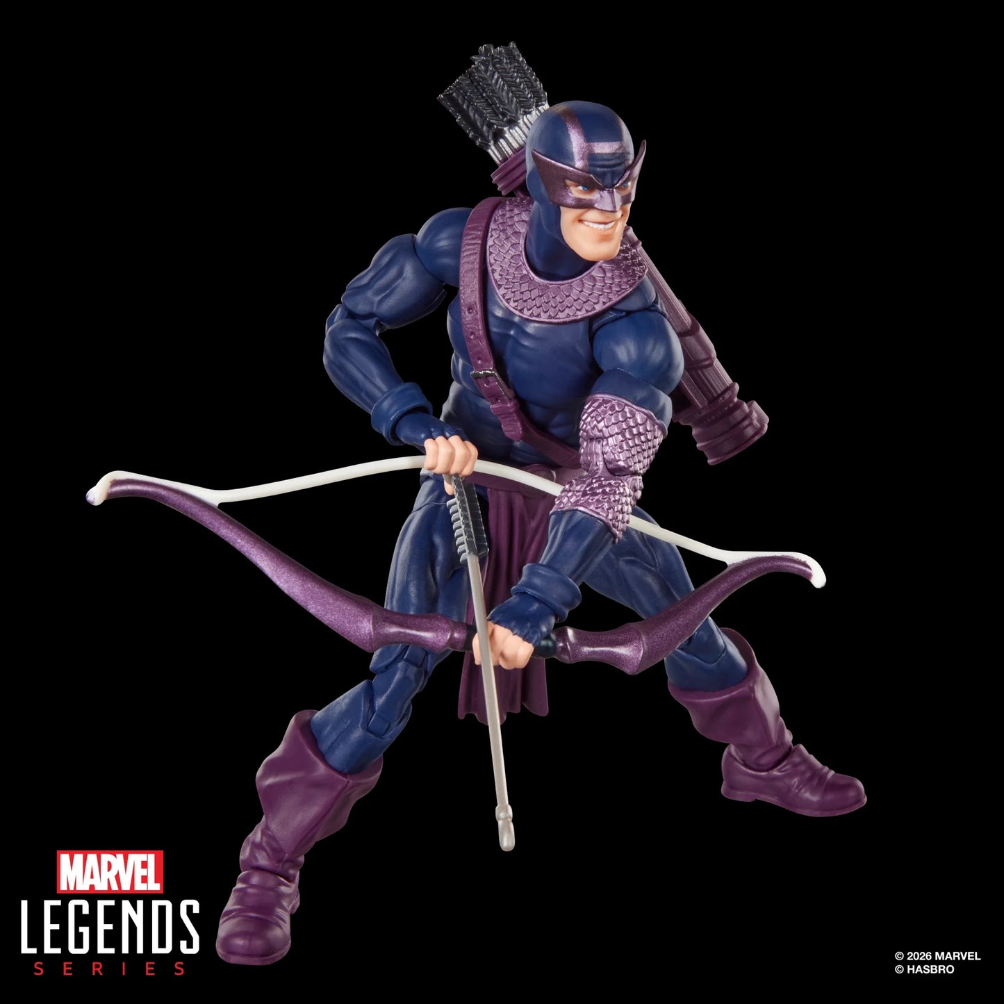 Figurine Marvel Legends Dark Avengers Hawkeye (Bullseye) de 15 cm de Hasbro, vue détaillée du personnage en costume noir et rouge.
