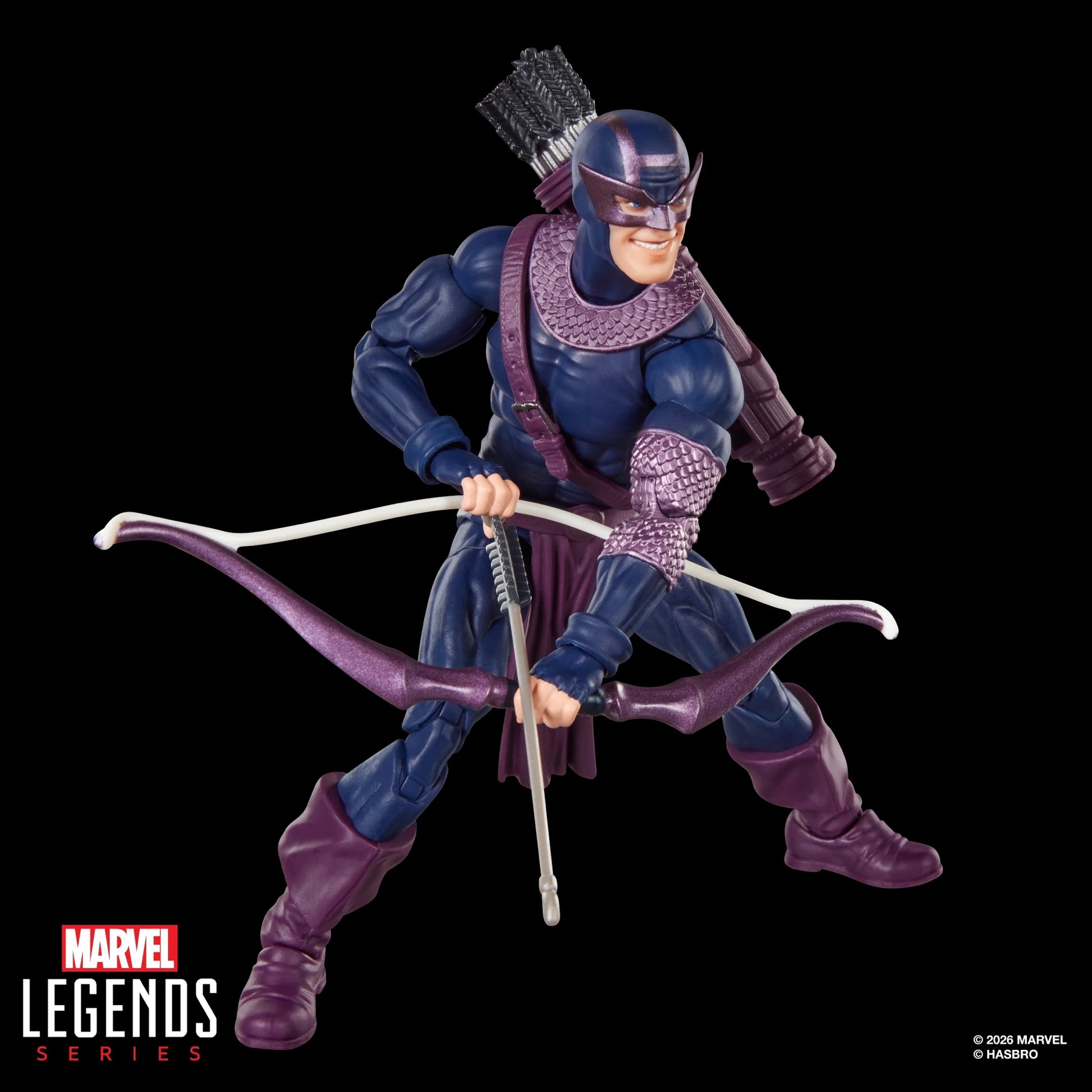 Figurine Marvel Legends Dark Avengers Hawkeye (Bullseye) de 15 cm de Hasbro, vue détaillée du personnage en costume noir et rouge.