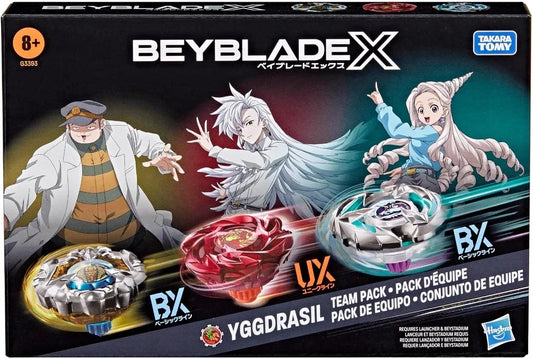 Figurine Beyblade X Yggdrasil Team Pack de Hasbro avec plusieurs pièces de bataille colorées et détails précis