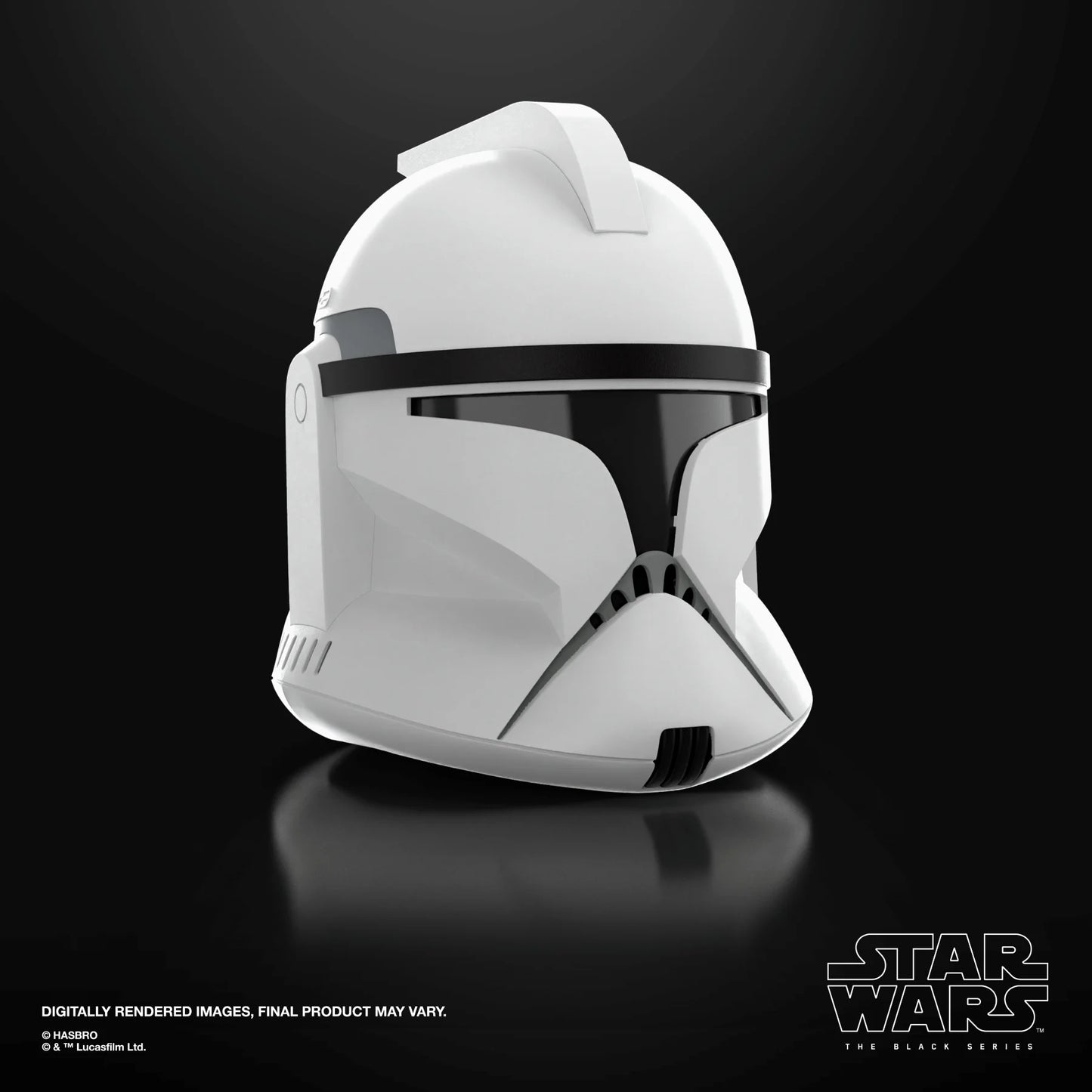 Casque électronique de soldat clone Phase I de Star Wars, modèle Black Series, fabriqué par Hasbro, vue de face en costume de rôle.