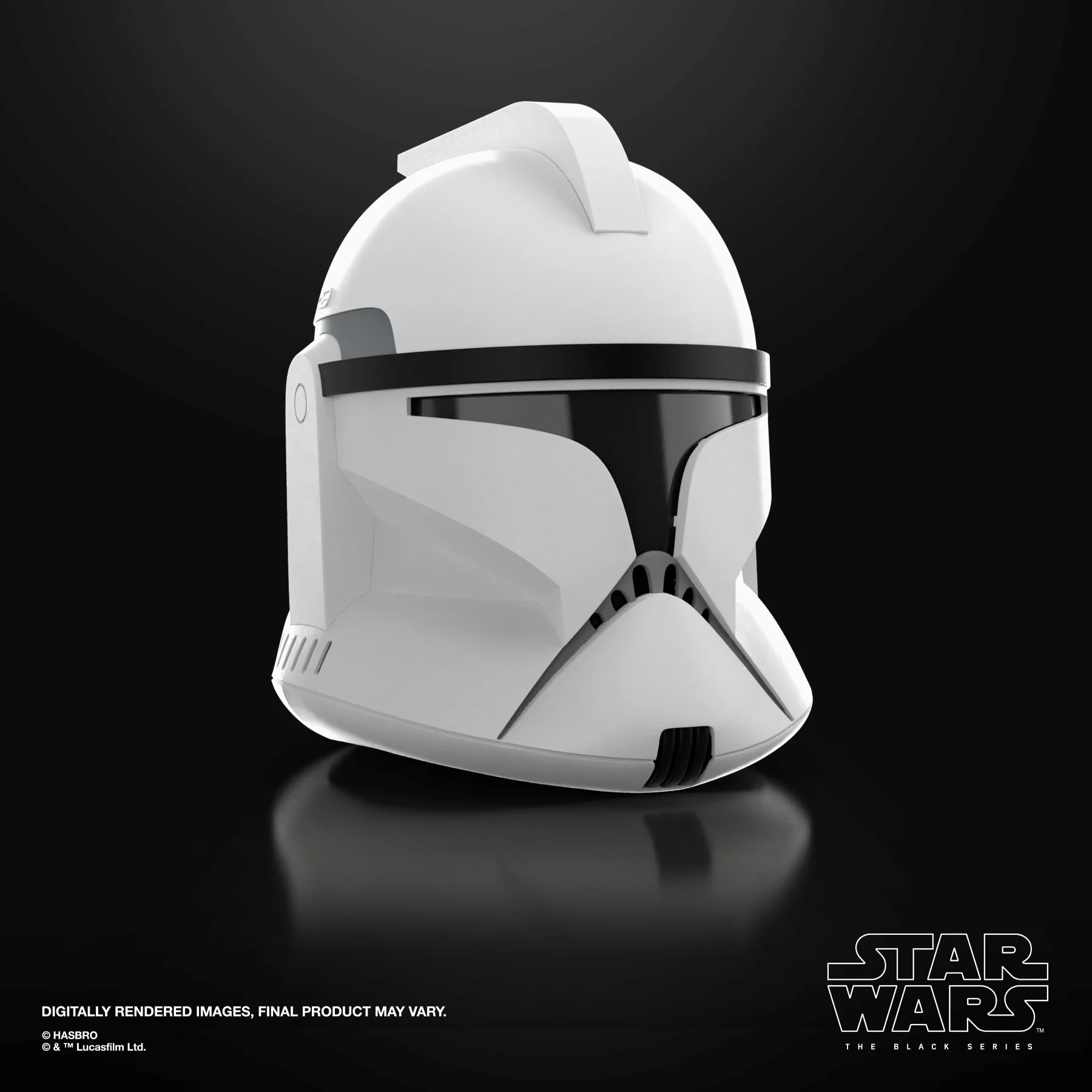 Casque électronique de soldat clone Phase I de Star Wars, modèle Black Series, fabriqué par Hasbro, vue de face en costume de rôle.