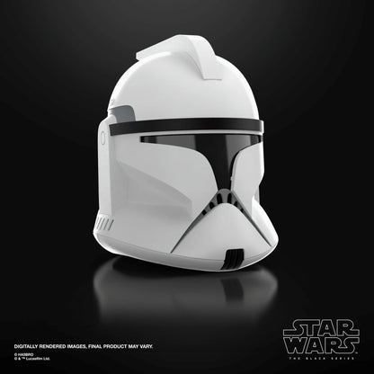 Casque électronique de soldat clone Phase I de Star Wars, modèle Black Series, fabriqué par Hasbro, vue de face en costume de rôle.