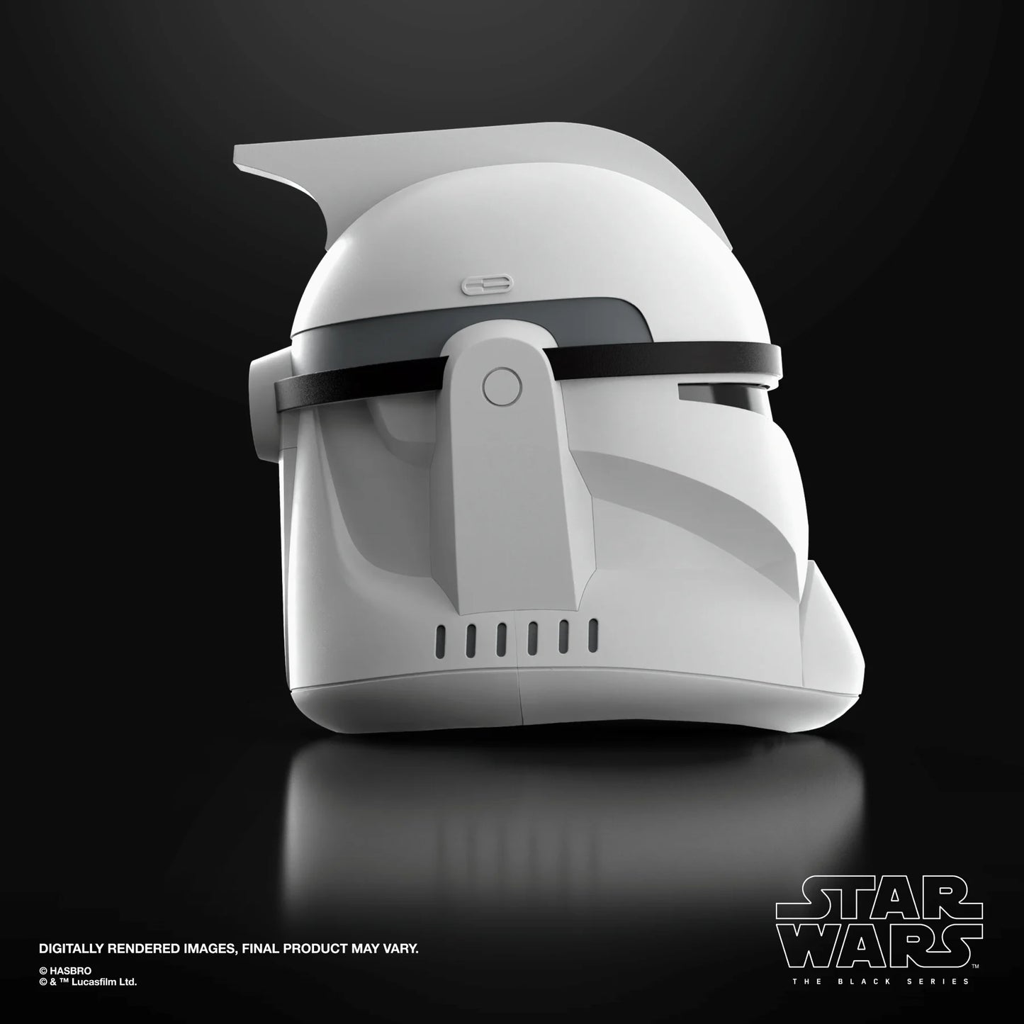 Casque électronique de soldat clone Phase I Star Wars, série Black, fabriqué par Hasbro, vue de face avec détails noirs et visière.