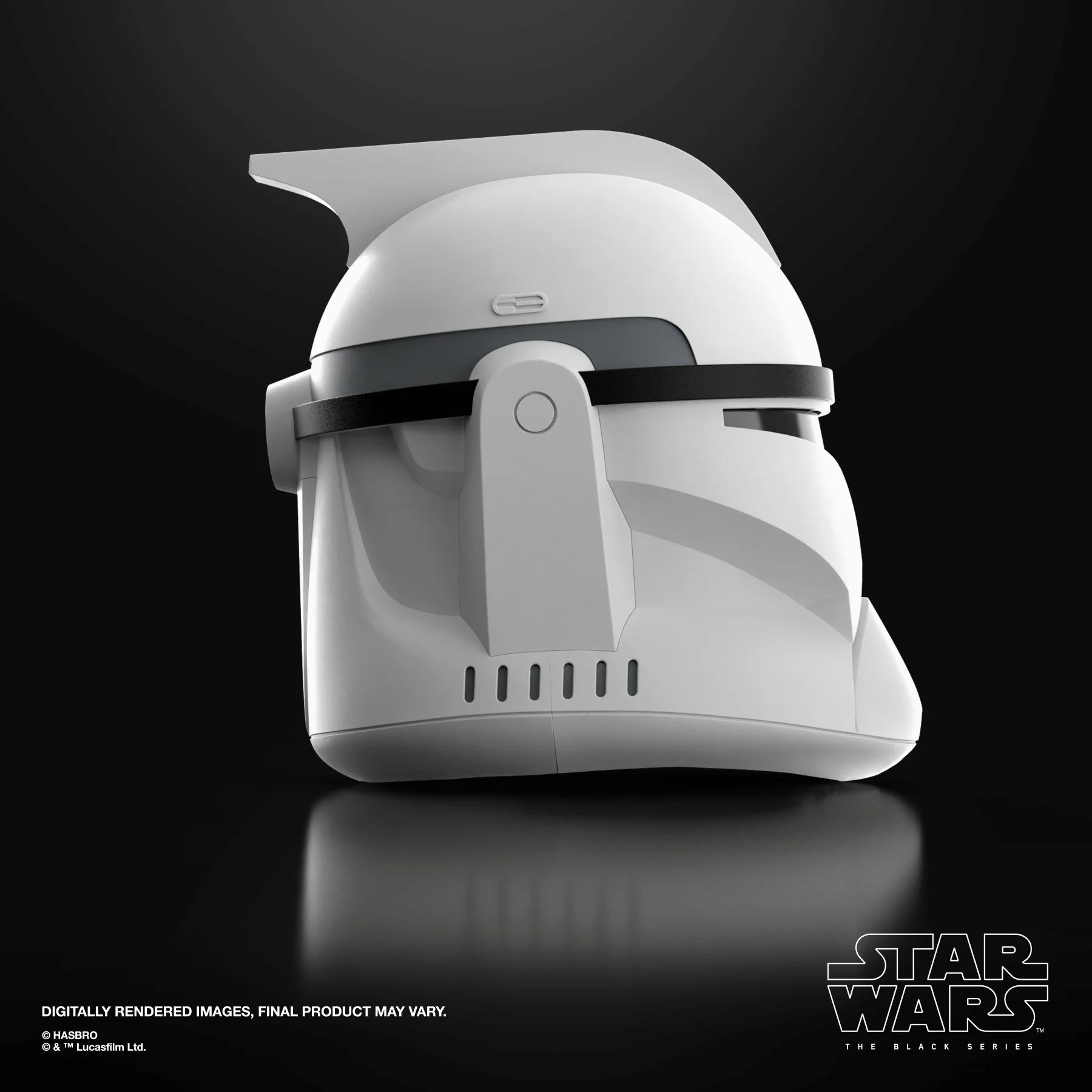 Casque électronique de soldat clone Phase I Star Wars, série Black, fabriqué par Hasbro, vue de face avec détails noirs et visière.