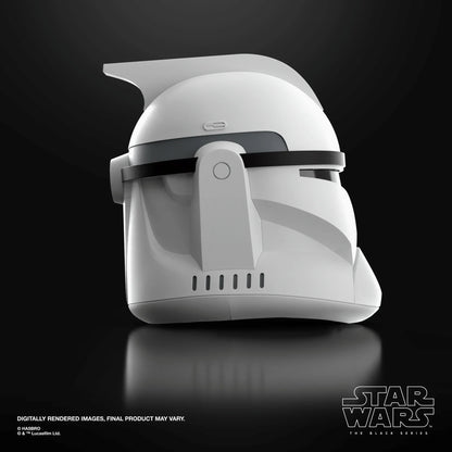 Casque électronique de soldat clone Phase I Star Wars, série Black, fabriqué par Hasbro, vue de face avec détails noirs et visière.