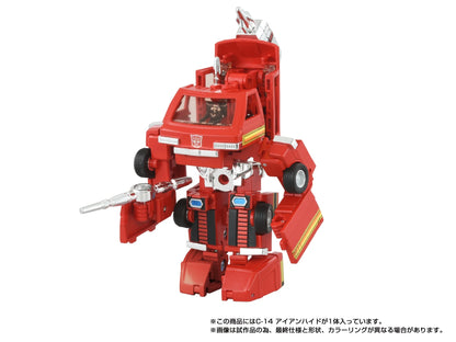 Figurine Ironhide Transformers Missing Link C14 de 13,5 cm, marque Hasbro, détail de la figurine de robot rouge et noir