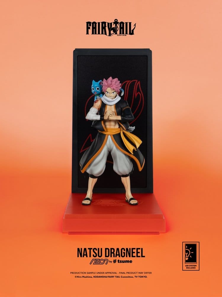 Figurine Natsu Dragneel Fairy Tail Neon de 25 cm, figurine détaillée de Tsume, personnage de manga avec cheveux roses et vêtements rouges.
