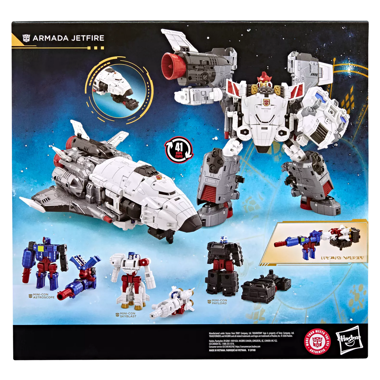 Figurine Transformers Age of the Primes Armada Jetfire Classe Commandant de Hasbro vue de dos, en mode robot avec détails colorés