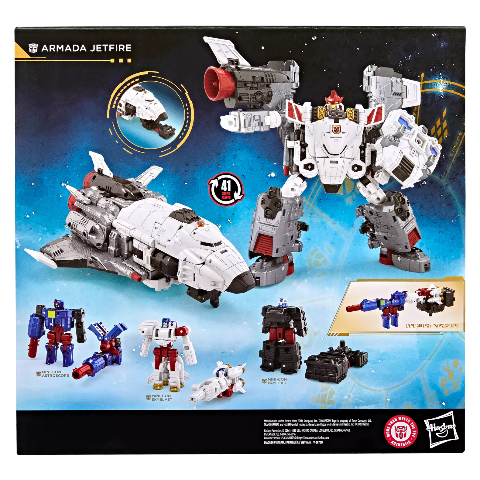 Figurine Transformers Age of the Primes Armada Jetfire Classe Commandant de Hasbro vue de dos, en mode robot avec détails colorés