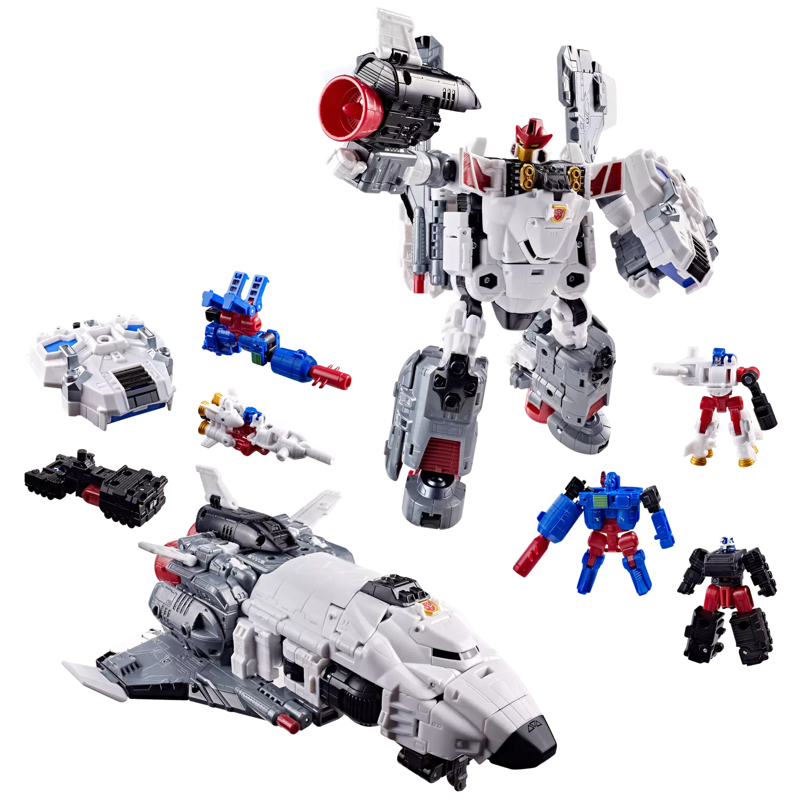 Figurine Transformers Age of the Primes Armada Jetfire Classe Commandant de la marque Hasbro, vue de face avec détails colorés.