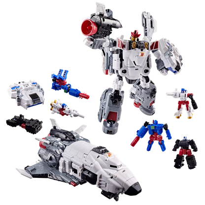 Figurine Transformers Age of the Primes Armada Jetfire Classe Commandant de la marque Hasbro, vue de face avec détails colorés.