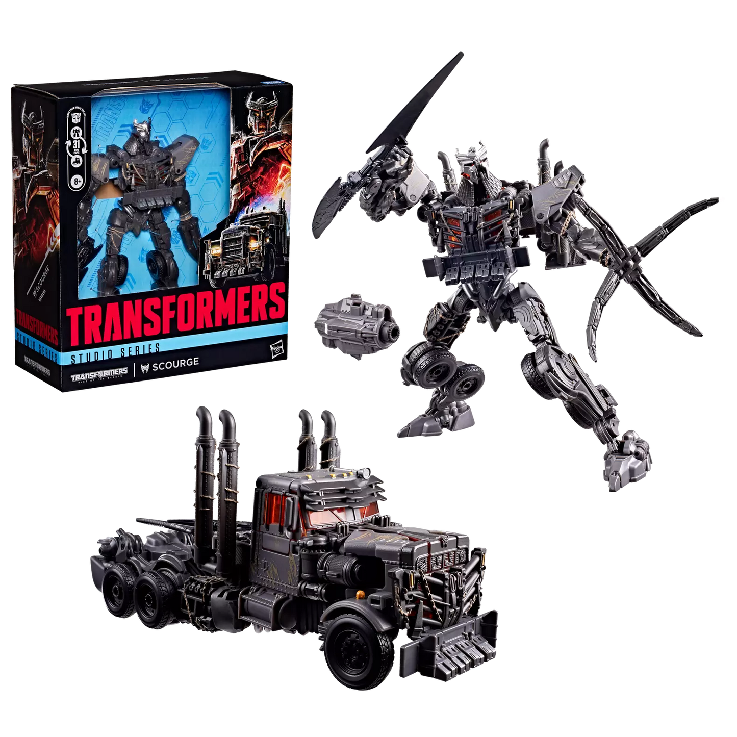 Figurine Transformers Studio Series Leader Scourge de Hasbro, pose détaillée de la figurine Rise of the Beasts.