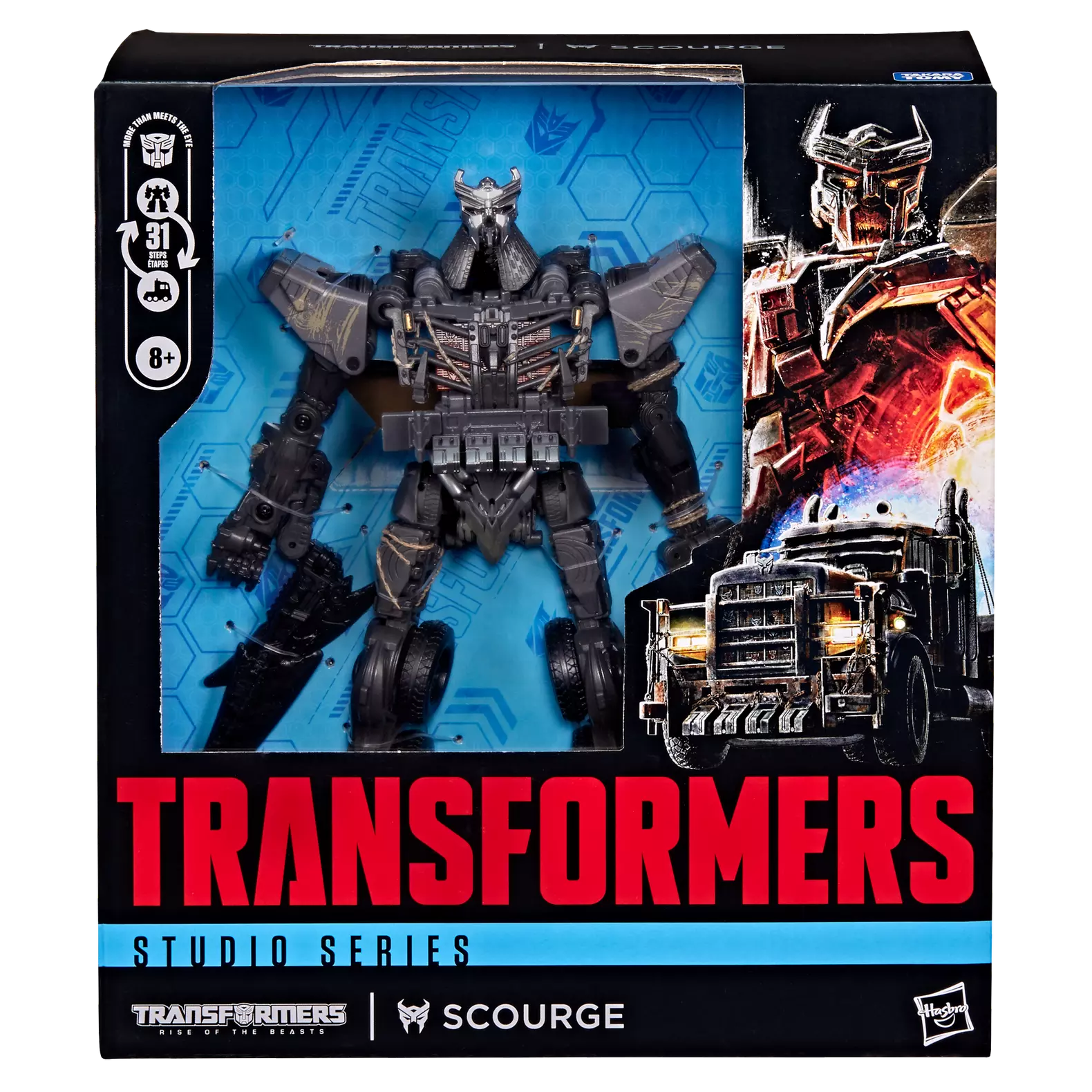 Figurine Leader Scourge Transformers Studio Series Hasbro, pose détaillé du robot de Rise of the Beasts, haute qualité.