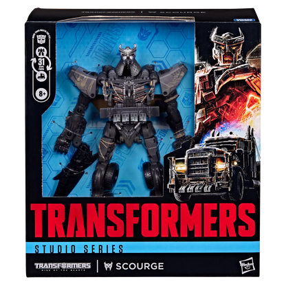 Figurine Leader Scourge Transformers Studio Series Hasbro, pose détaillé du robot de Rise of the Beasts, haute qualité.
