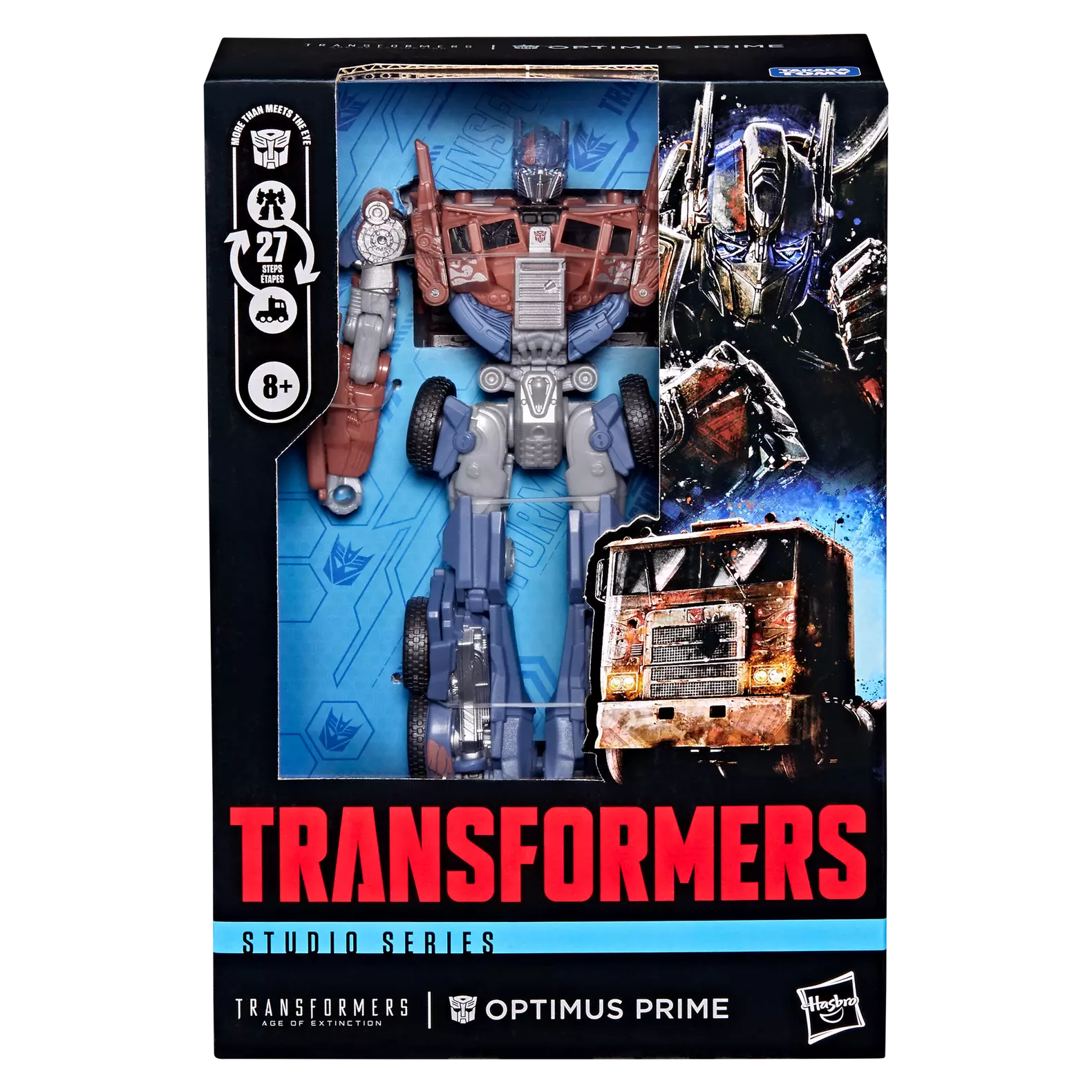 Figurine Optimus Prime de Transformers Studio Series, classe Voyager, de l'Âge de l'extinction, en pose avec détails visibles.