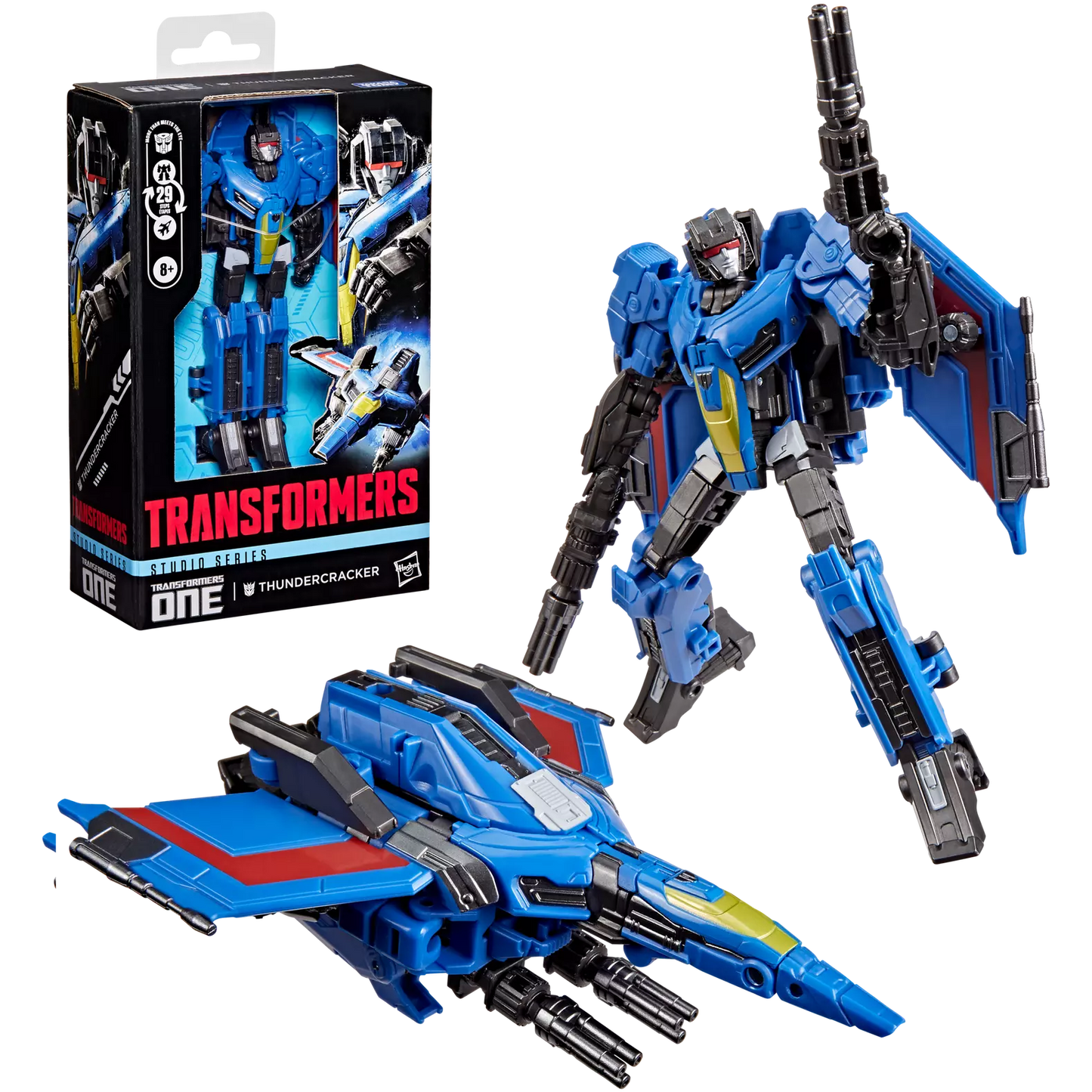 Figurine Deluxe Thundercracker Transformers Studio Series de Hasbro, robot bleu avec ailes, en mode robot sur fond blanc.