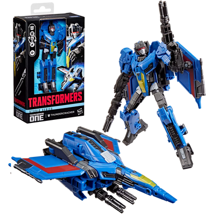 Figurine Deluxe Thundercracker Transformers Studio Series de Hasbro, robot bleu avec ailes, en mode robot sur fond blanc.