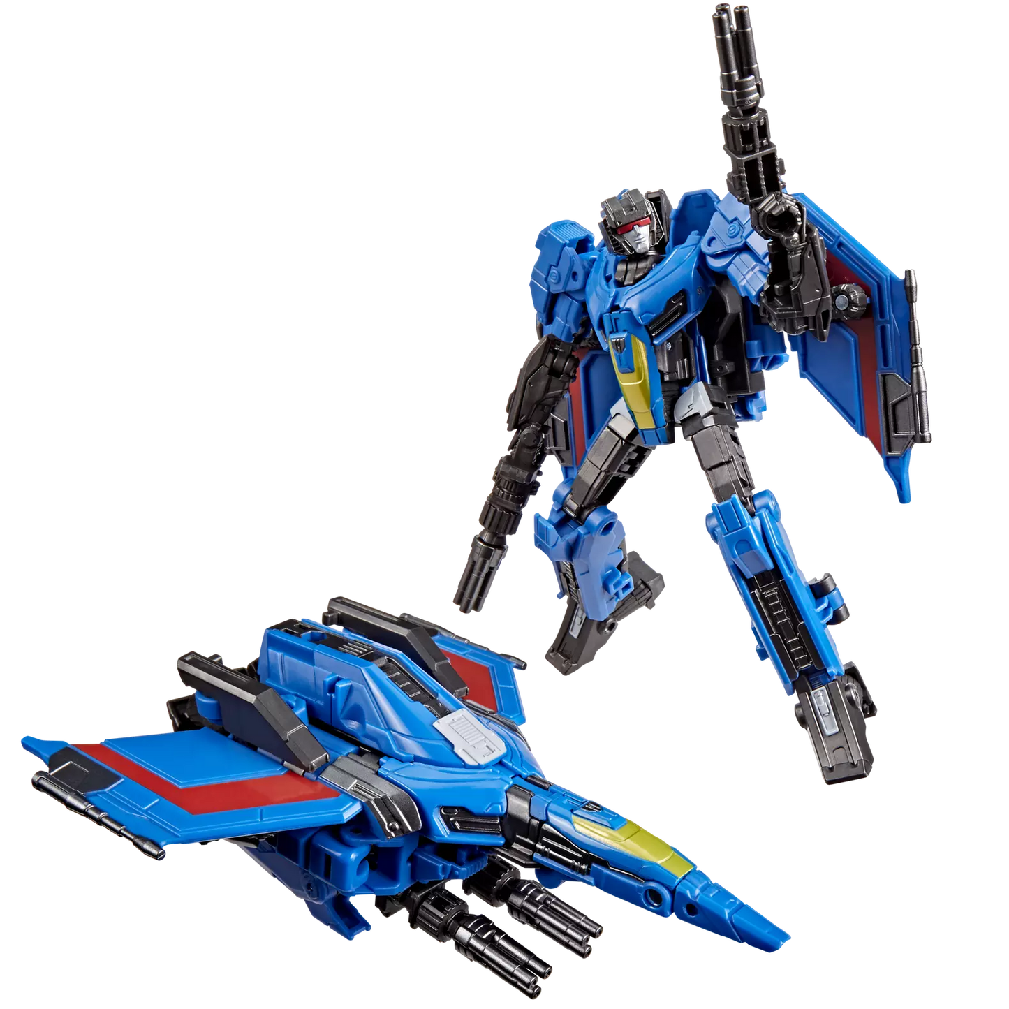 Figurine Deluxe Thundercracker de Transformers Studio Series de Hasbro, montrant le robot bleu et gris avec ailes détaillées.