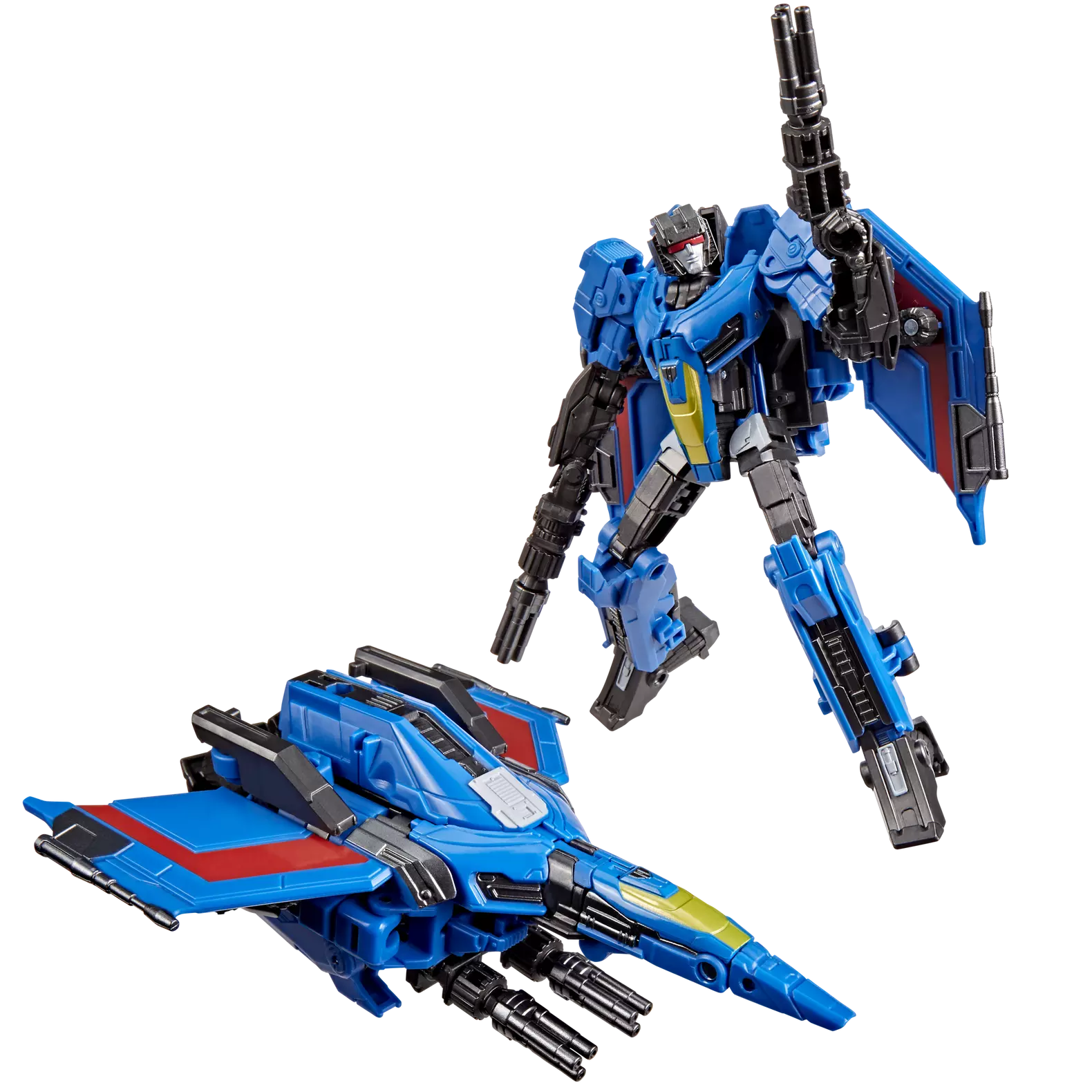 Figurine Deluxe Thundercracker de Transformers Studio Series de Hasbro, montrant le robot bleu et gris avec ailes détaillées.