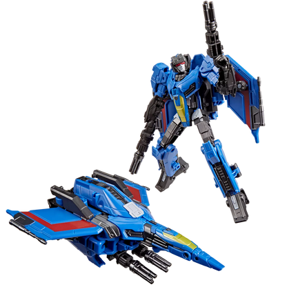 Figurine Deluxe Thundercracker de Transformers Studio Series de Hasbro, montrant le robot bleu et gris avec ailes détaillées.