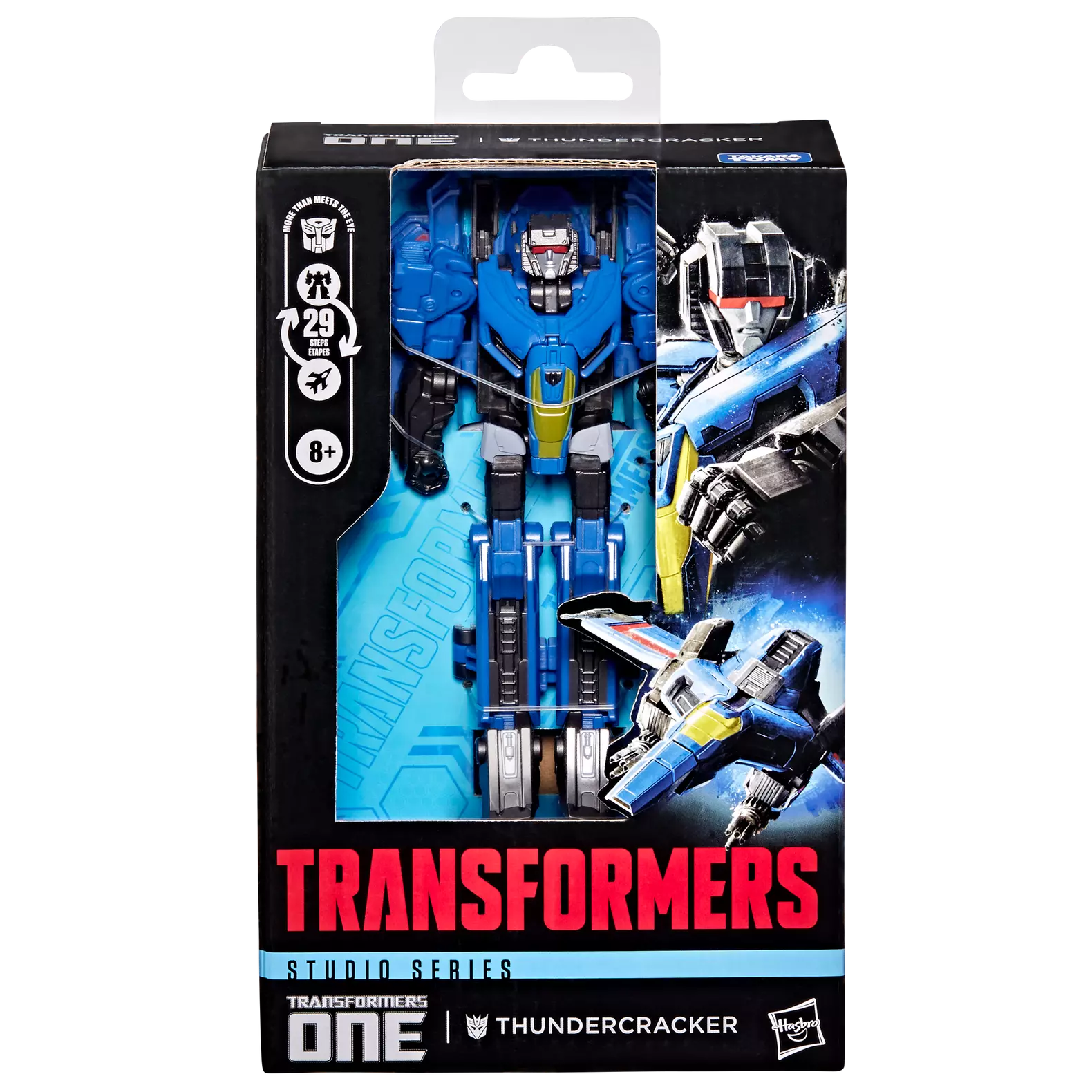 Figurine Deluxe Thundercracker Transformers Studio Series de Hasbro, vue de face avec détails de la robotique et couleurs bleues et grises.
