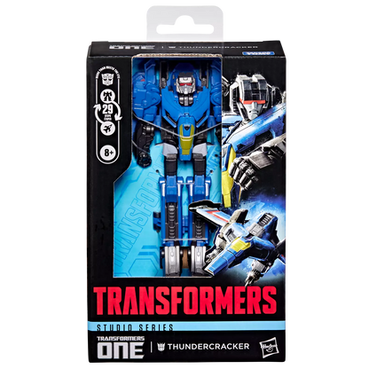 Figurine Deluxe Thundercracker Transformers Studio Series de Hasbro, vue de face avec détails de la robotique et couleurs bleues et grises.