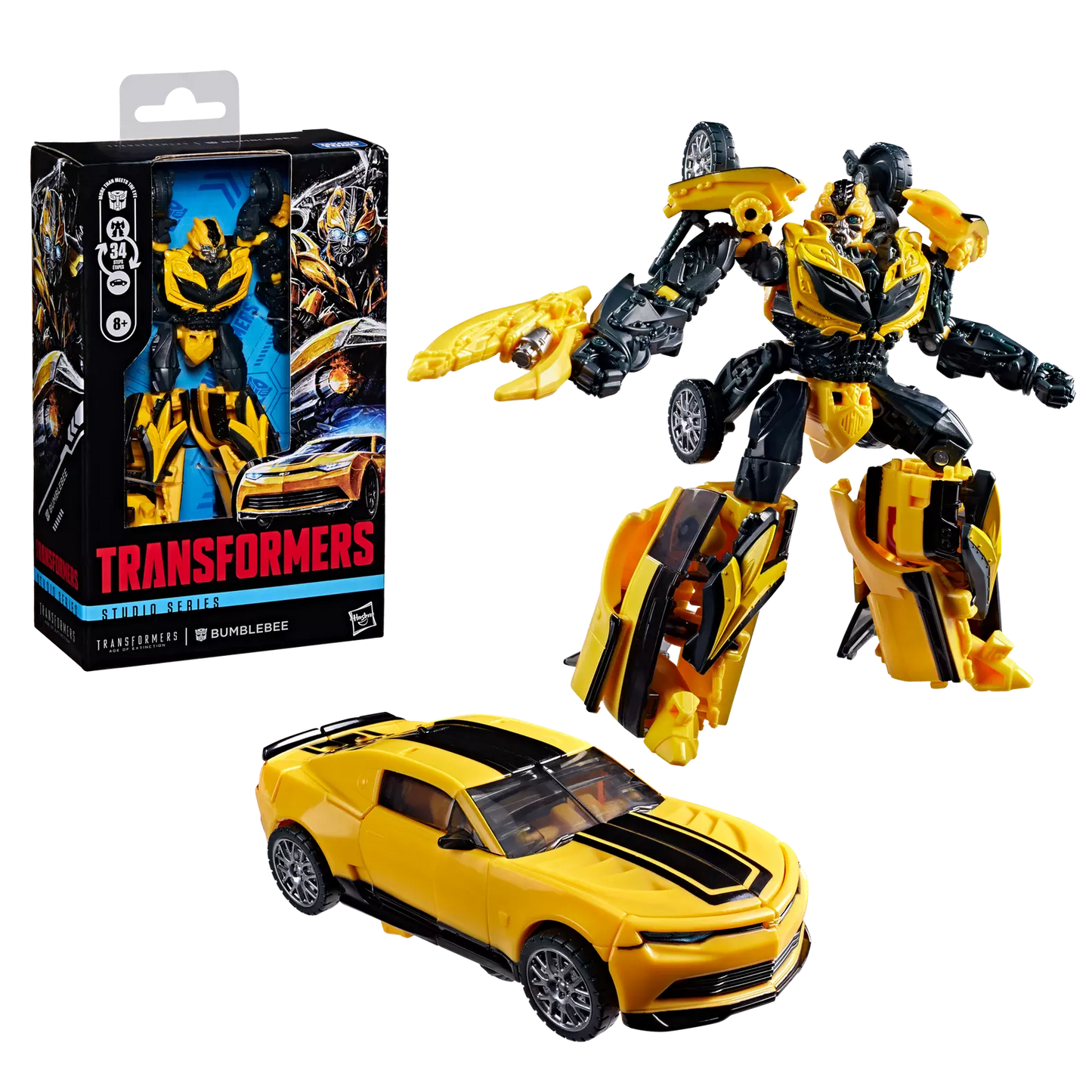 Figurine Deluxe Bumblebee Transformers Studio Series de l'Âge de l'extinction, marque Hasbro, en mode robot et voiture jaune.
