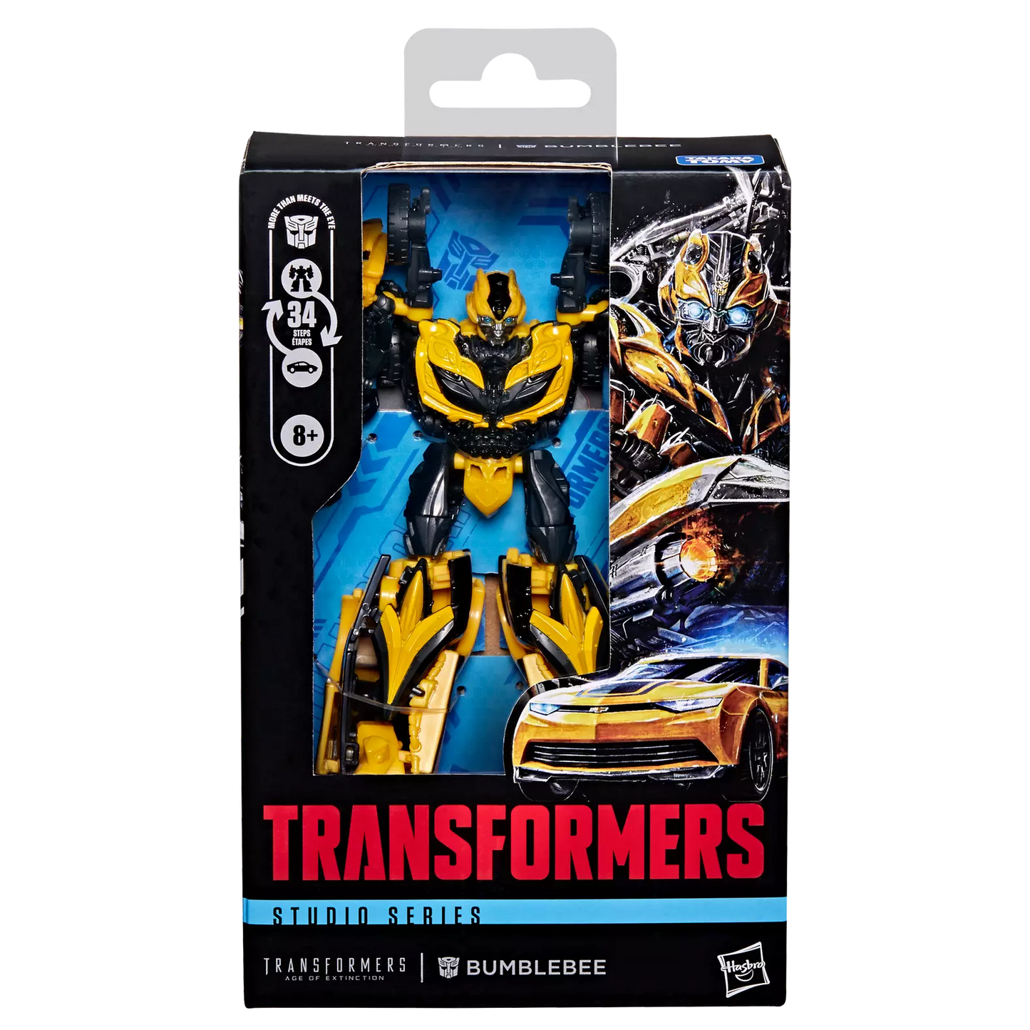 Figurine Deluxe Bumblebee Transformers Studio Series de l'Âge de l'extinction de la marque Hasbro, vue de face dans sa boîte.