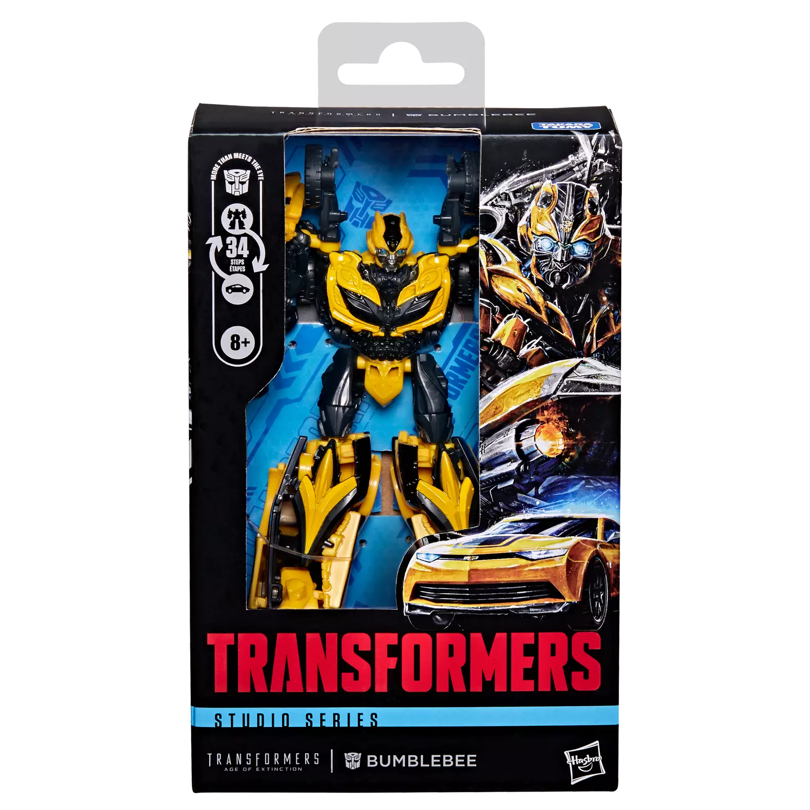 Figurine Deluxe Bumblebee Transformers Studio Series de l'Âge de l'extinction de la marque Hasbro, vue de face dans sa boîte.