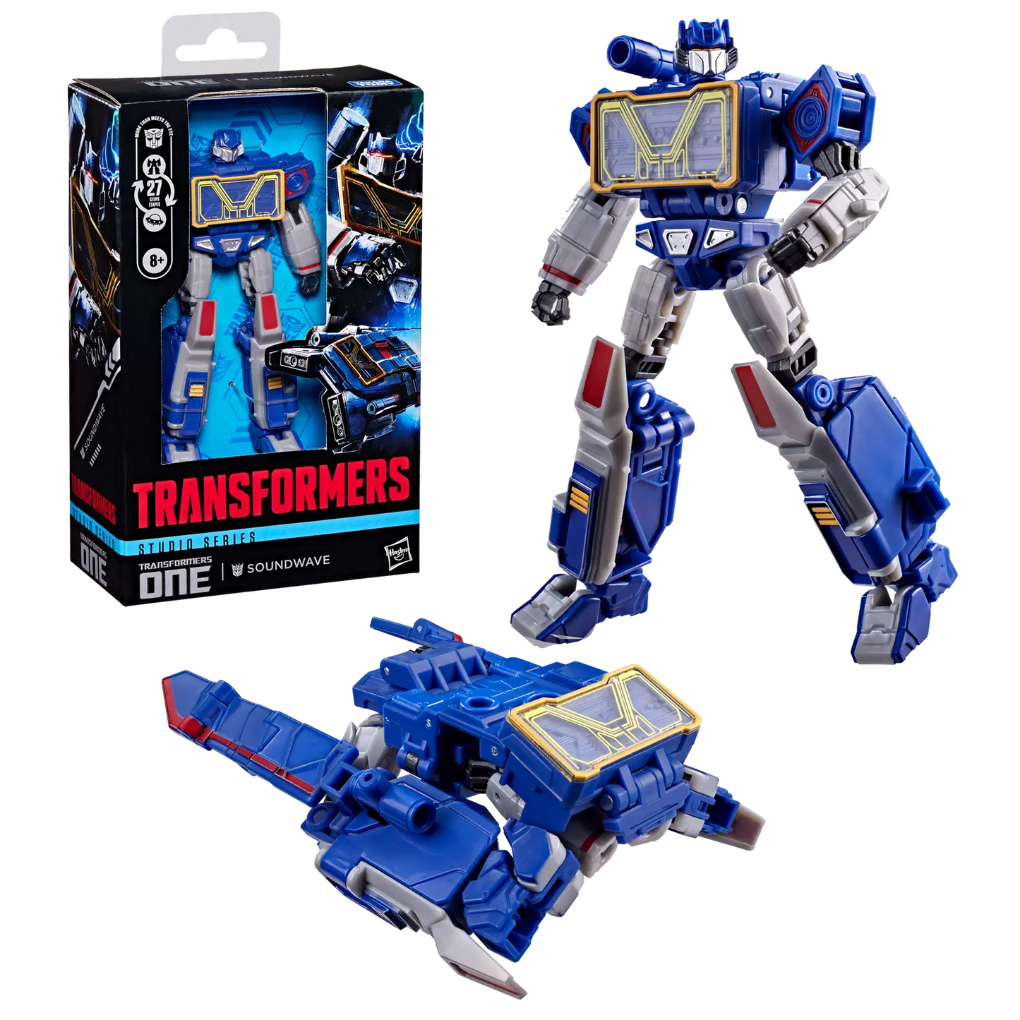 Figurine Deluxe Soundwave Transformers Studio Series de Hasbro, détail de la figurine de robot avec couleurs bleues et grises.