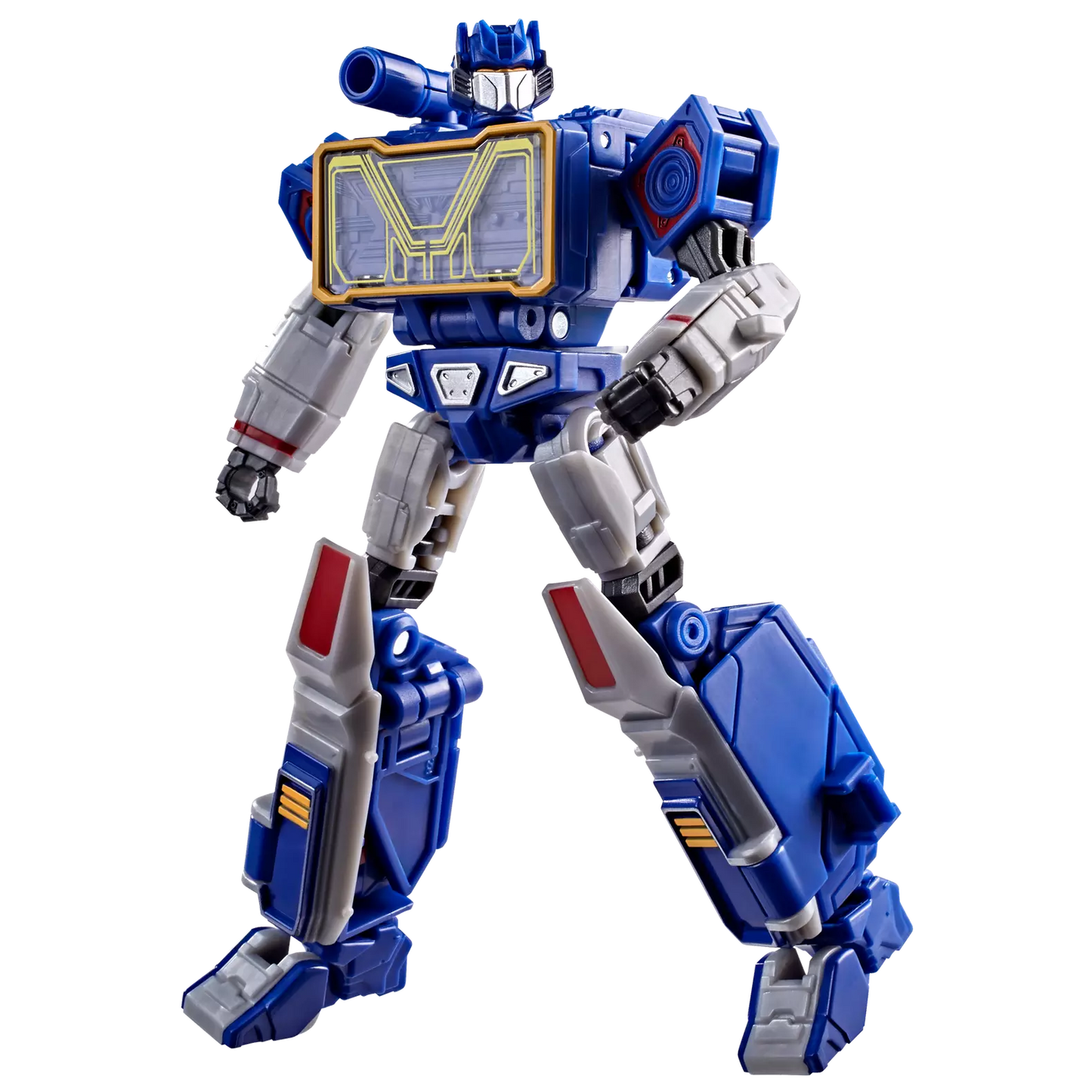 Figurine Deluxe Soundwave de Transformers Studio Series par Hasbro, détail de la figure robot avec éléments bleus et gris