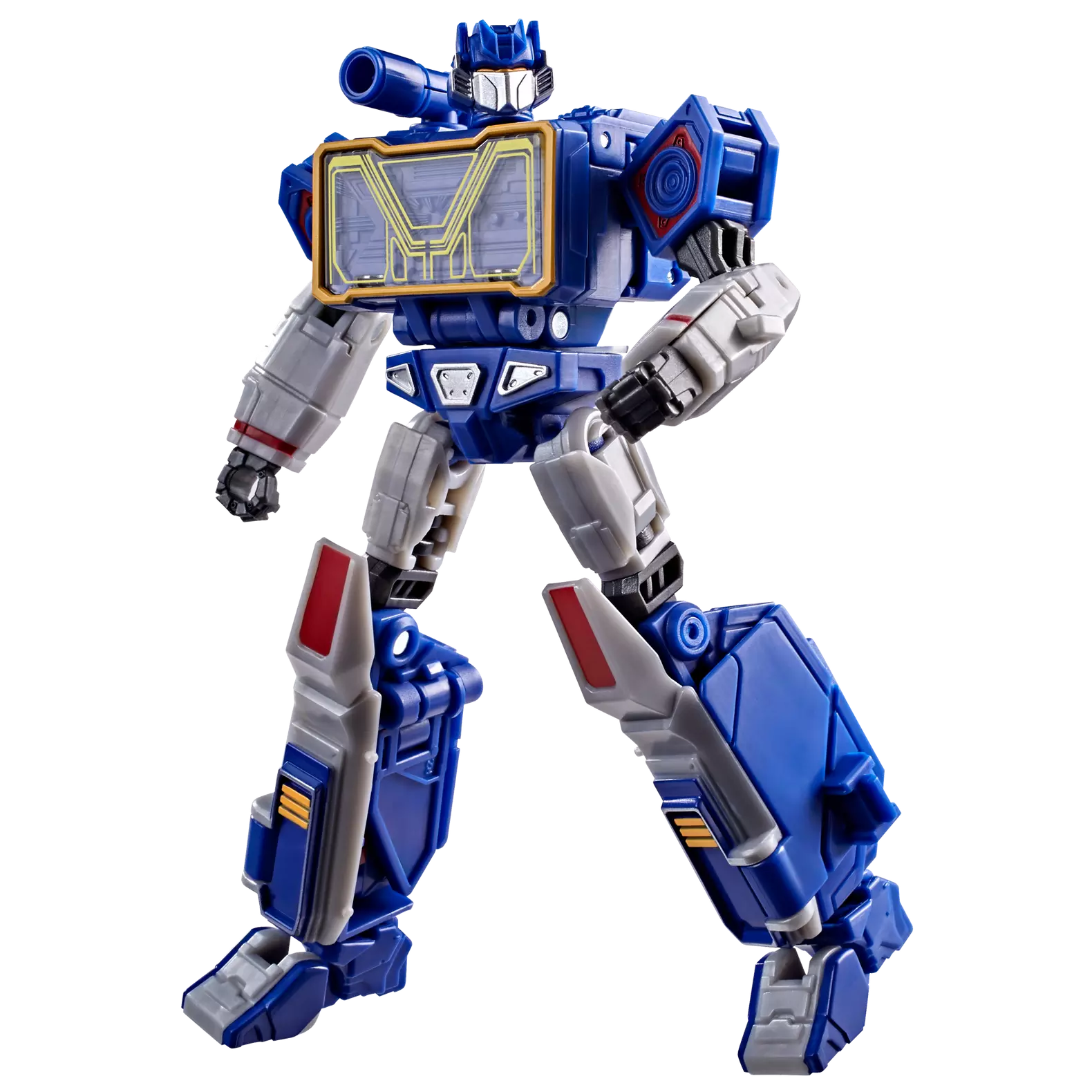 Figurine Deluxe Soundwave de Transformers Studio Series par Hasbro, détail de la figure robot avec éléments bleus et gris