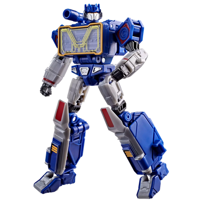 Figurine Deluxe Soundwave de Transformers Studio Series par Hasbro, détail de la figure robot avec éléments bleus et gris