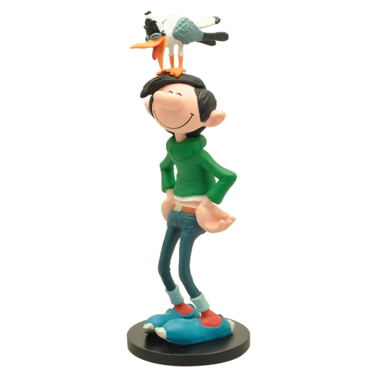 Statuette Gaston et la Mouette Rieuse de Plastoy, figurine représentant Gaston Lagaffe avec une mouette sur l'épaule.