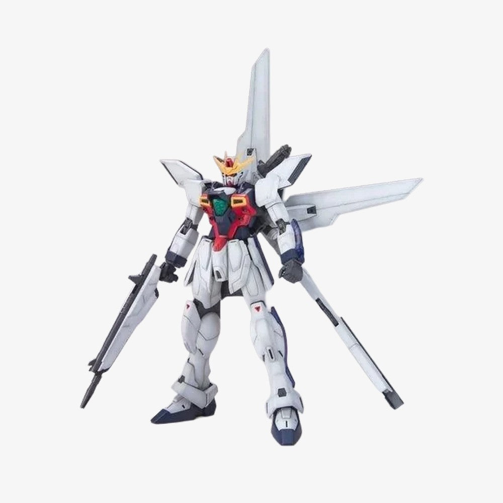 Kit de modèle Gundam MG 1/100 GX-9900 GUNDAM X de Bandai, montrant le robot articulé avec détails précis.