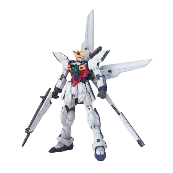 Kit de construction Gundam MG 1/100 GX-9900 GUNDAM X de Bandai avec détails colorés et pièces d'assemblage visibles.