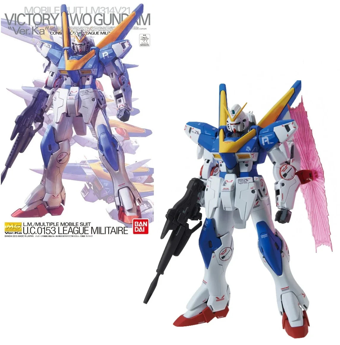 Kit de modèle Gundam Victory Two MG 1/100 Ver. Ka de Bandai, vue détaillée du gundam en plastique.