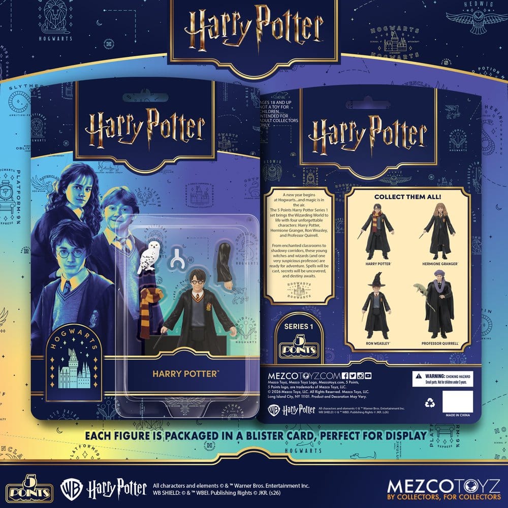Figurines Harry Potter Mezco Toys, lot de 4 figurines de 10 cm de la série 1, représentant des personnages magiques.