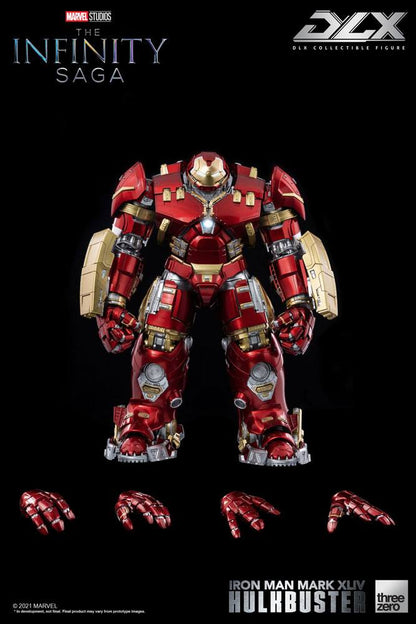Figurine Marvel Hulkbuster Iron Man Mark 44 de la saga Infinity, 30 cm, par Threezero, détail réaliste, pose dynamique.