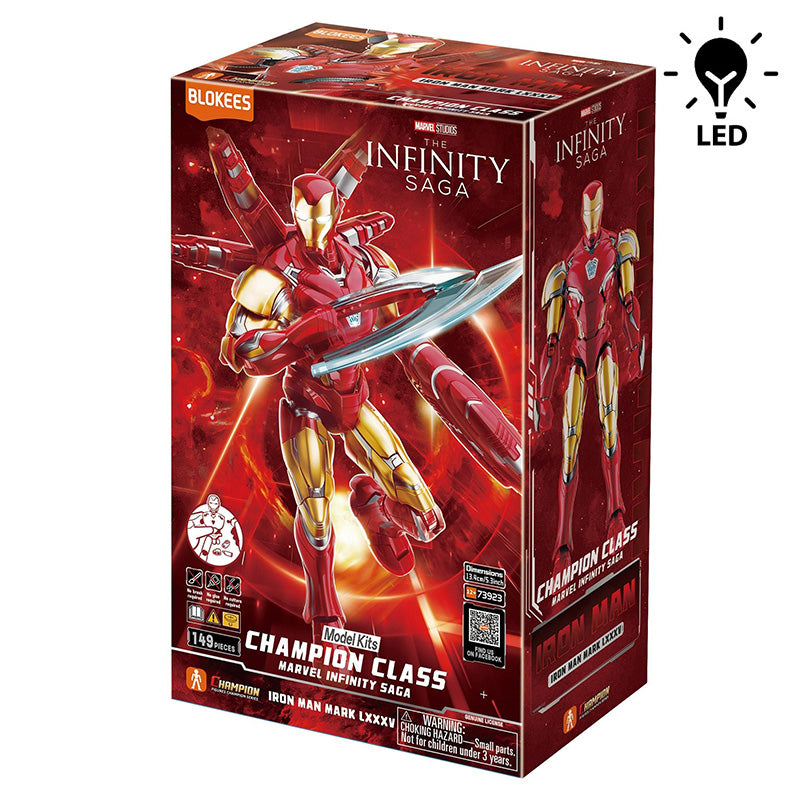 Modèle de figurine Iron Man MK85 Blokees, figurine de collection lumineuse, avec détails réalistes et articulation.