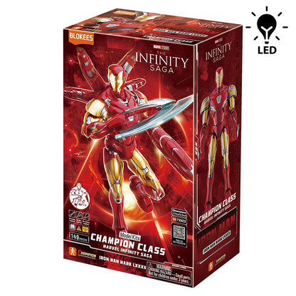 Modèle de figurine Iron Man MK85 Blokees, figurine de collection lumineuse, avec détails réalistes et articulation.